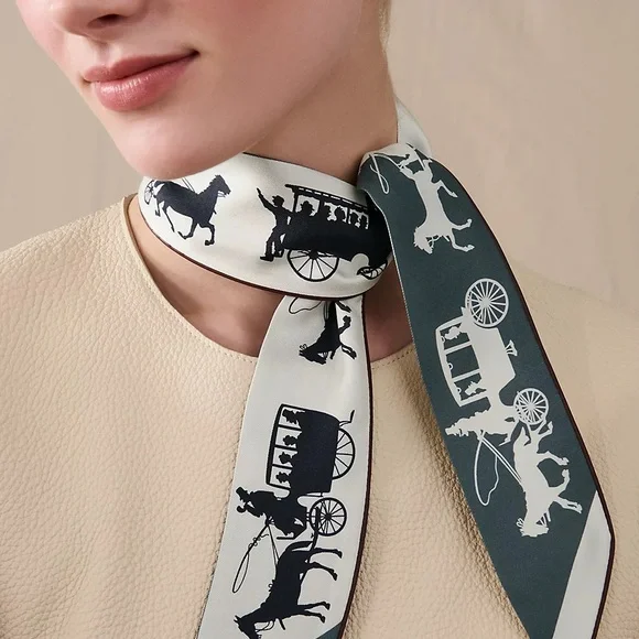 HERMES BNIB Paris Qui Roule forever Twilly Leather trim silk twilly - Picture 2 of 6